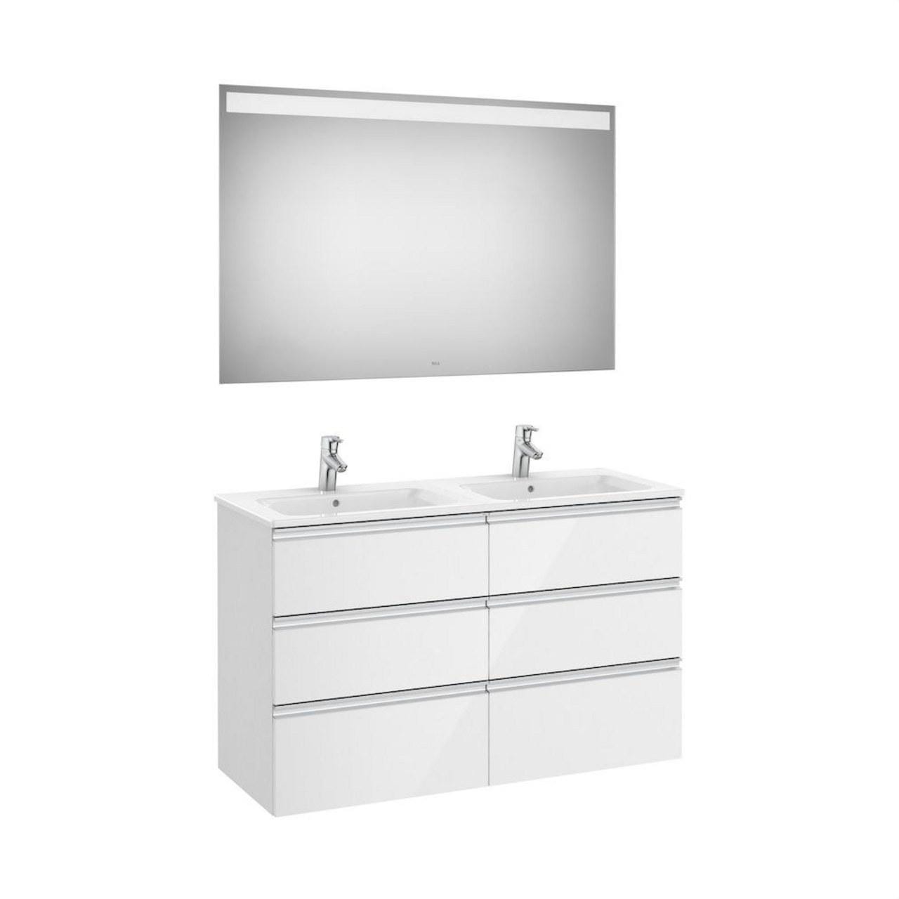 ROCA - Pack THE GAP lavabo doble 1200x460 blanco con UNIK THE GAP de tres cajones y espejo Eidos
