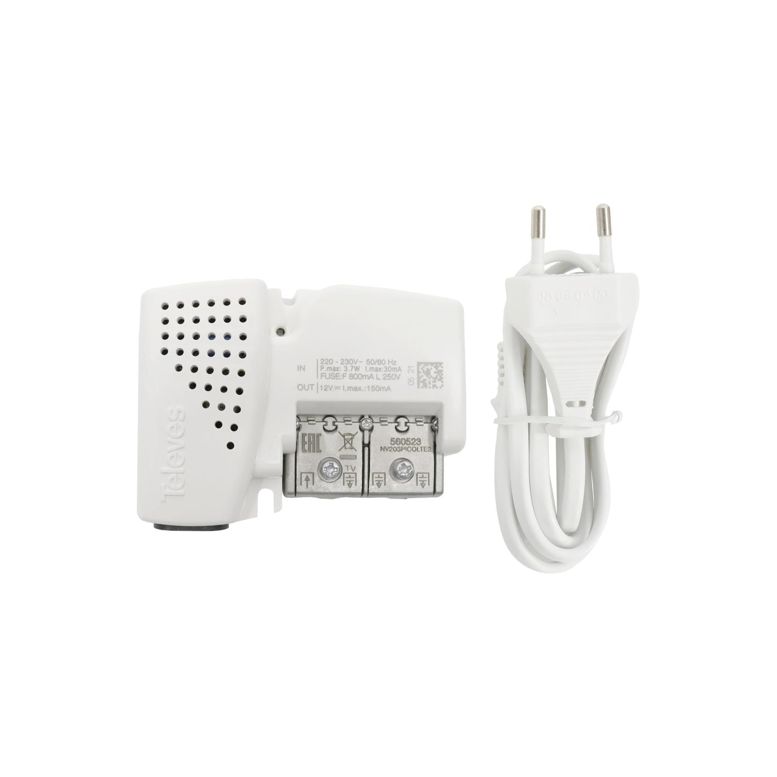 TELEVES - Amplificador de vivienda PicoKom 1e/(2s+TV) "EasyF": 47+694MHz G 10/16dB Vs 98/101dB?V + salida TV G 4dB con auto-ajuste + alimentación prea