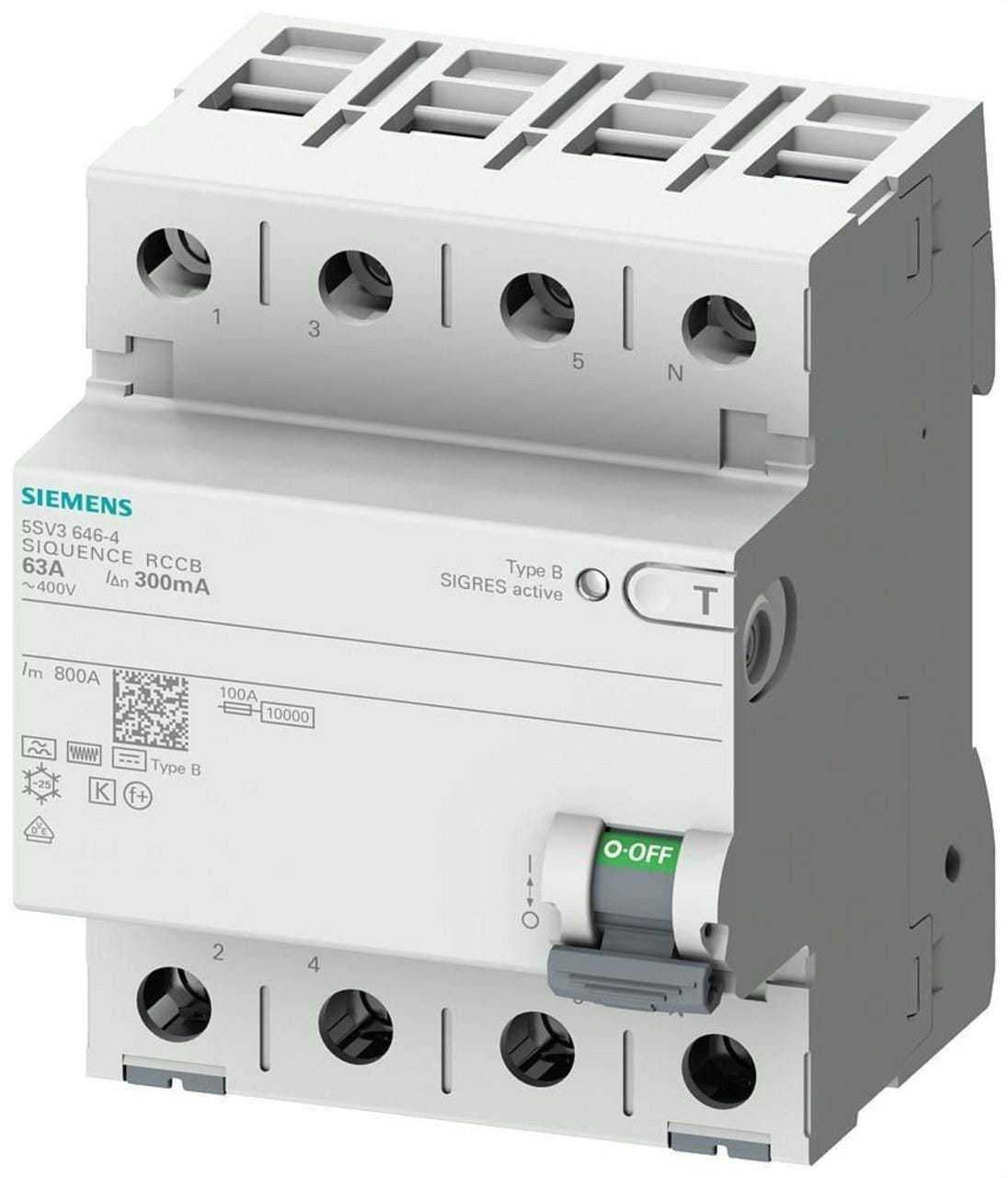 SIEMENS - INTERRUPTOR DIFERENCIAL, 4 POLOS, TIPO B, CON RETARDO BREVE, ENTRADA: 63 A, 30 MA, UN AC: 400 V