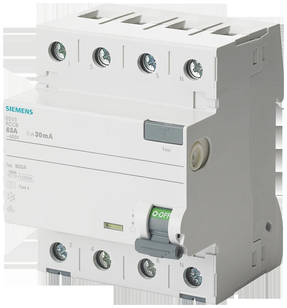 SIEMENS - Interruptor diferencial, 4 polos, Tipo A, 63A, 300mA, 500V AC