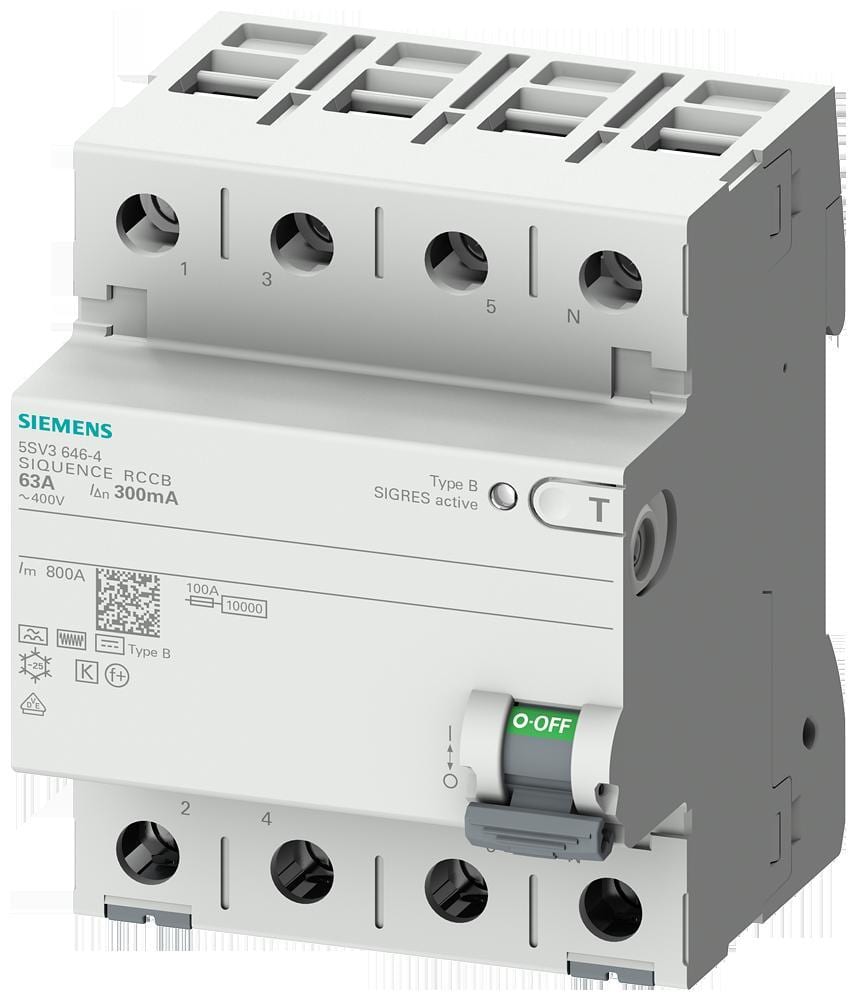 SIEMENS - Interruptor diferencial, 4 polos, Tipo B, con retardo breve, entrada: 80A, 500mA, Un AC: 400V