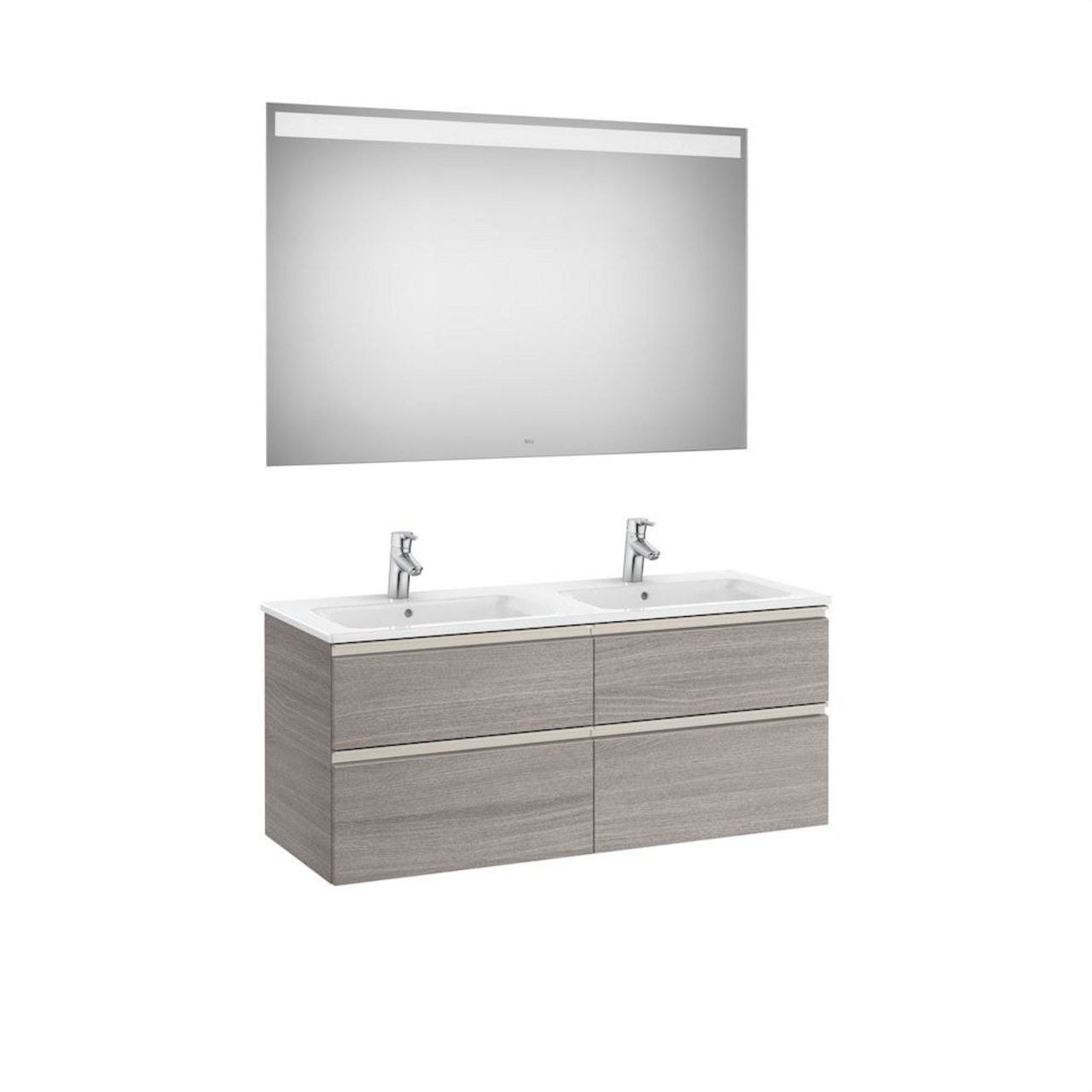 ROCA - Pack THE GAP lavabo doble 1200x460 roble city texturizado con UNIK THE GAP de dos cajones y espejo Eidos