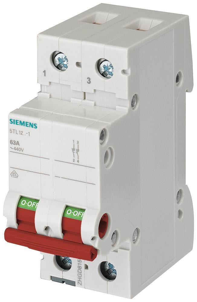 SIEMENS - Interruptor 70mm 400V 2 módulos 35mm² 2 polos 63A maneta rojo
