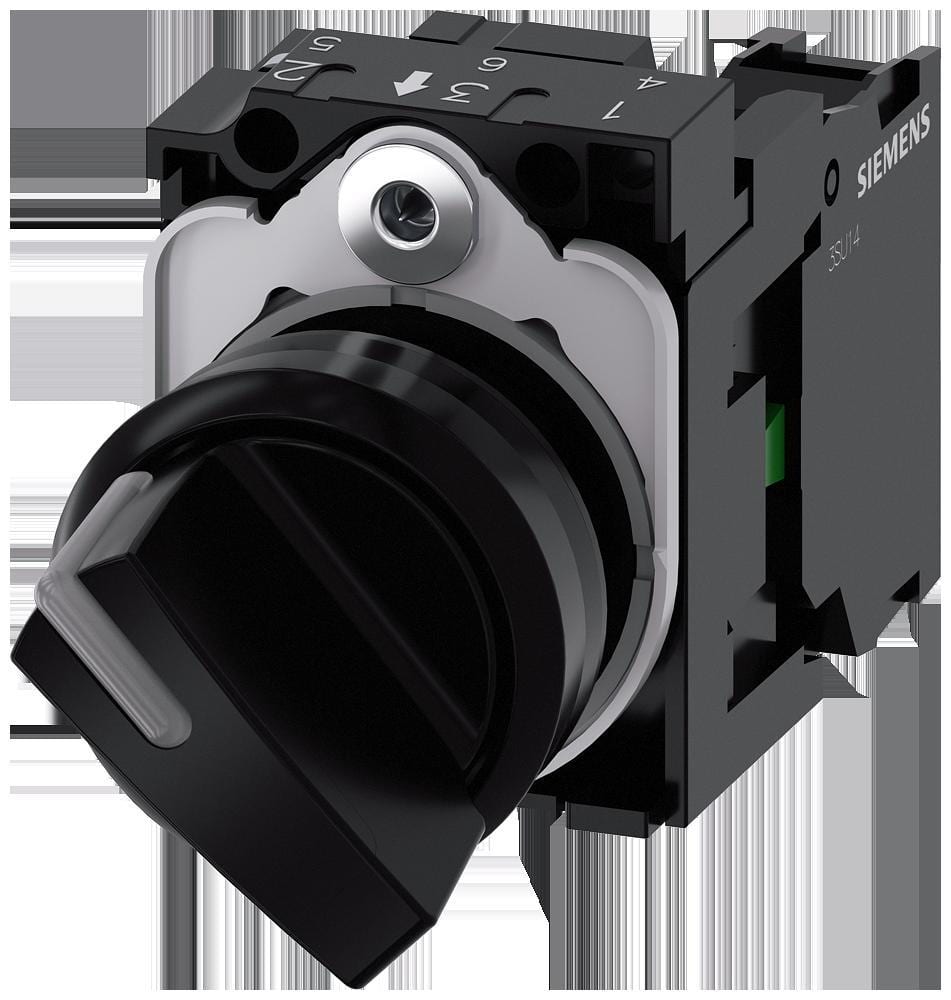 SIEMENS - Selector iluminable 22mm redondo plástico, negro, muletilla corta, 2 posiciones O-I, sostenido, 10:30h/13:30h