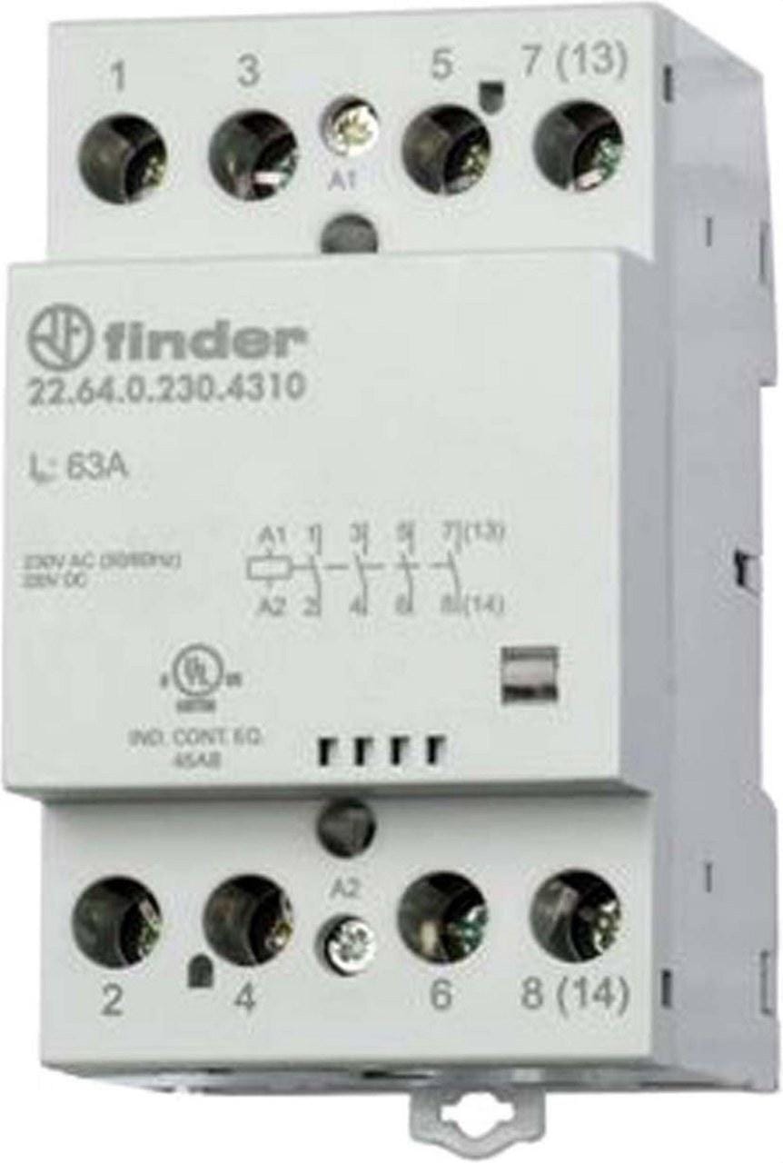 FINDER - Contactor modular SERIE 22, 3NA+1NC 63A AgSnO2, 230V AC/DC, indicador mecánico