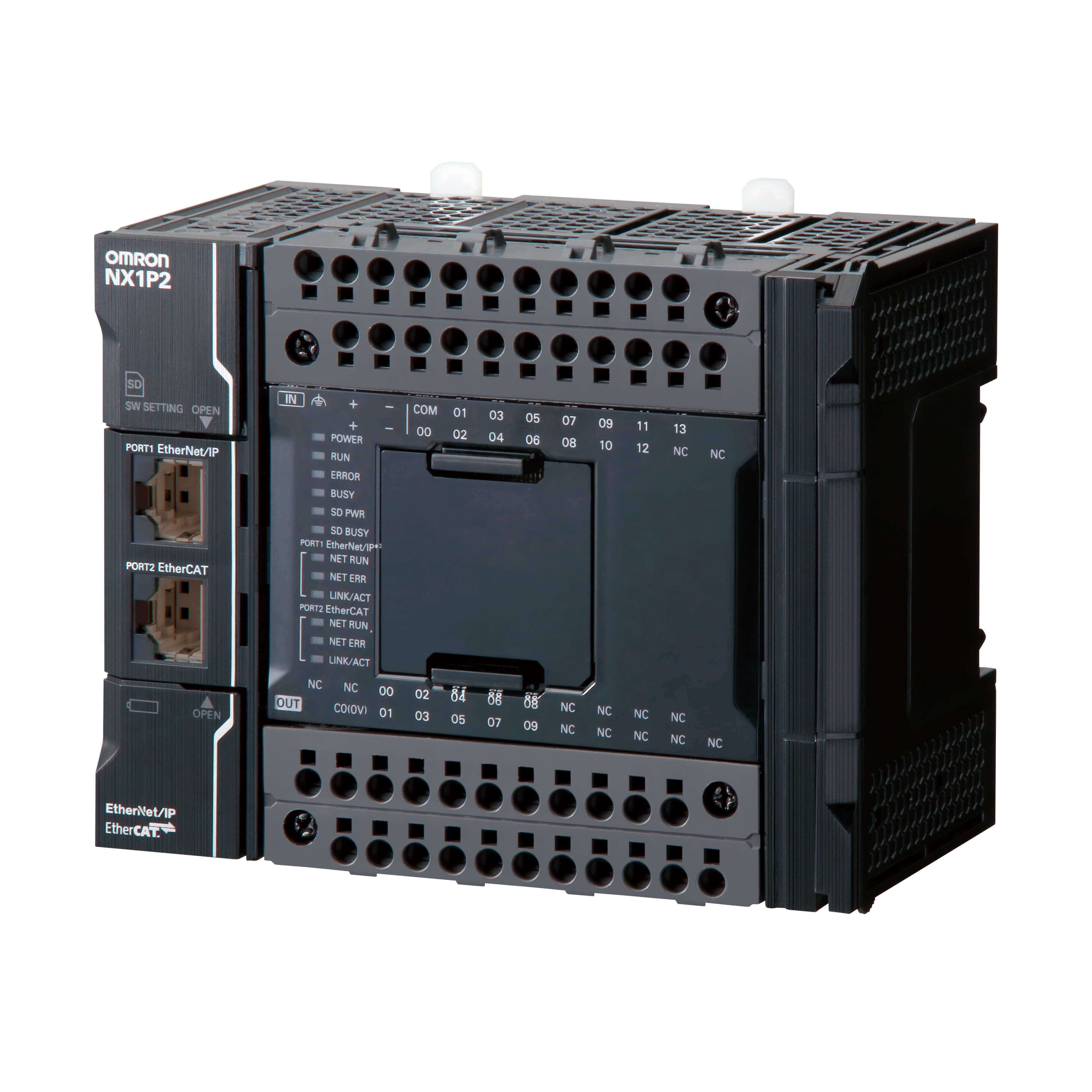 OMRON - Cpu Sysmac NX1P 24 E/S transistor digital (NPN) 1MB EtherCAT 2 ejes PTP / 8 nodos EtherCAT / EtherNet/IP / 1 puerto