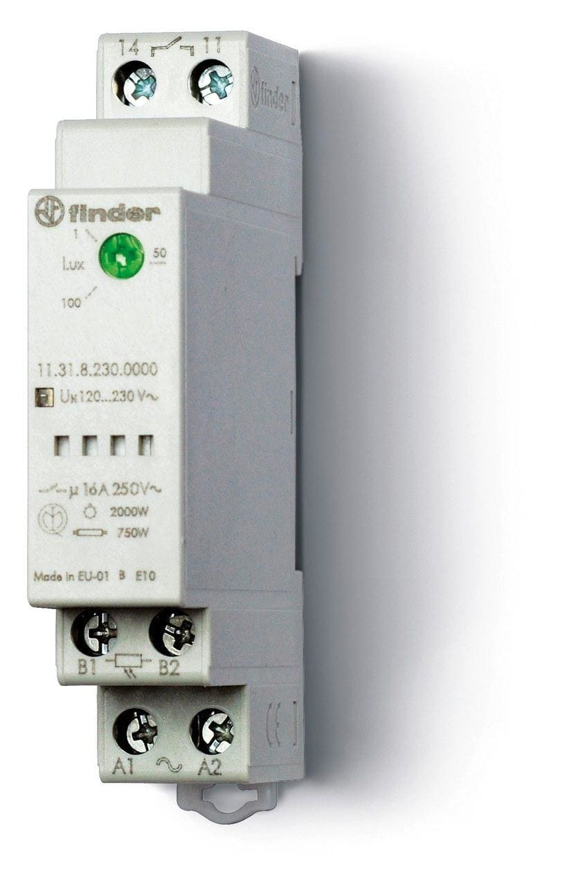 FINDER - Interruptor crepuscular modular SERIE 11, ancho 17,5mm, 1 contacto conmutado 16A, tensión 110...230V AC (fotocélula 011.03 incl.)