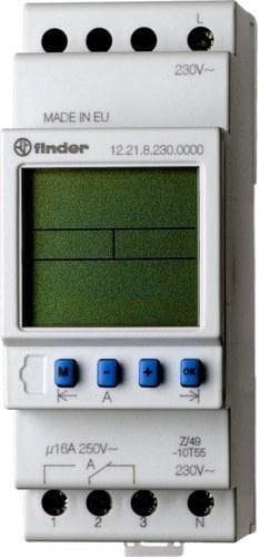 FINDER - Interruptor horario digital semanal SERIE 12, ancho de 35,8mm, 1 contacto conmutado, 16A, 230V AC, con reserva de marcha