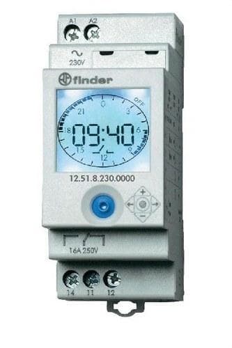 FINDER - Interruptor horario digital SERIE 12, NFC, ancho 35mm, 1 contacto conmutado 16A, 110/230V AC/DC reserva de marcha