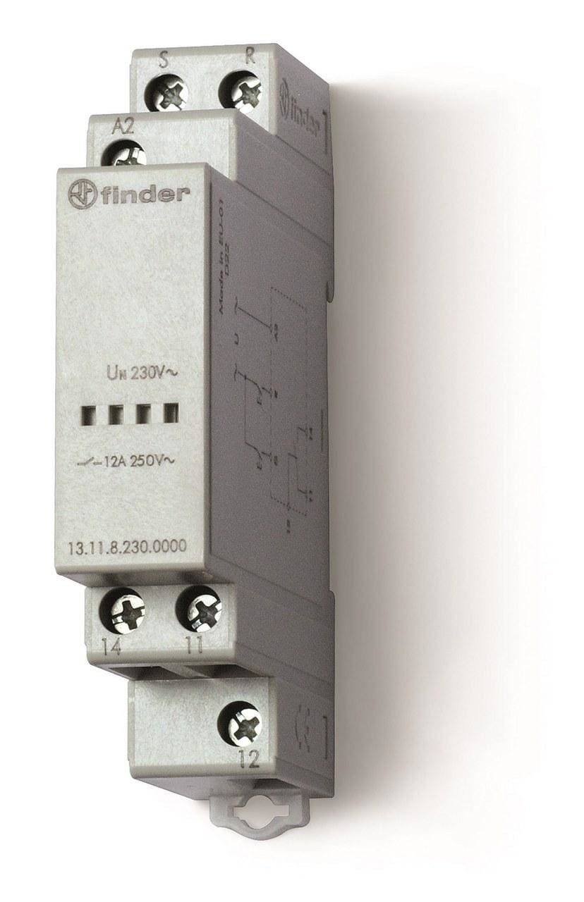 FINDER - Relé de llamada biestable mando de Reset SERIE 13, montaje carril 35mm, ancho 17,5mm, 1 contacto, 230/240V AC