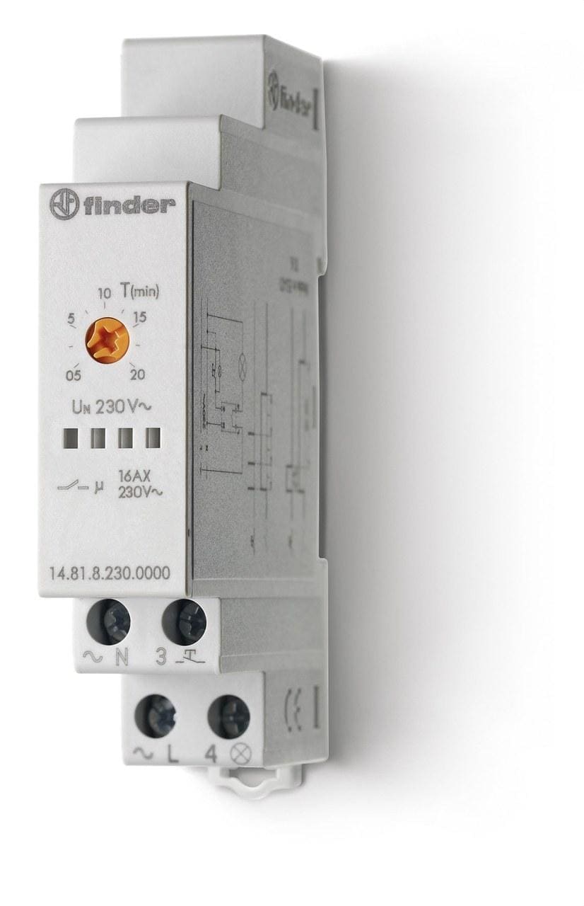 FINDER - Automático de escalera monofunción SERIE 14, montaje carril 35mm, 4 bornes a un lado, 1 contacto NA 16A, 230V AC