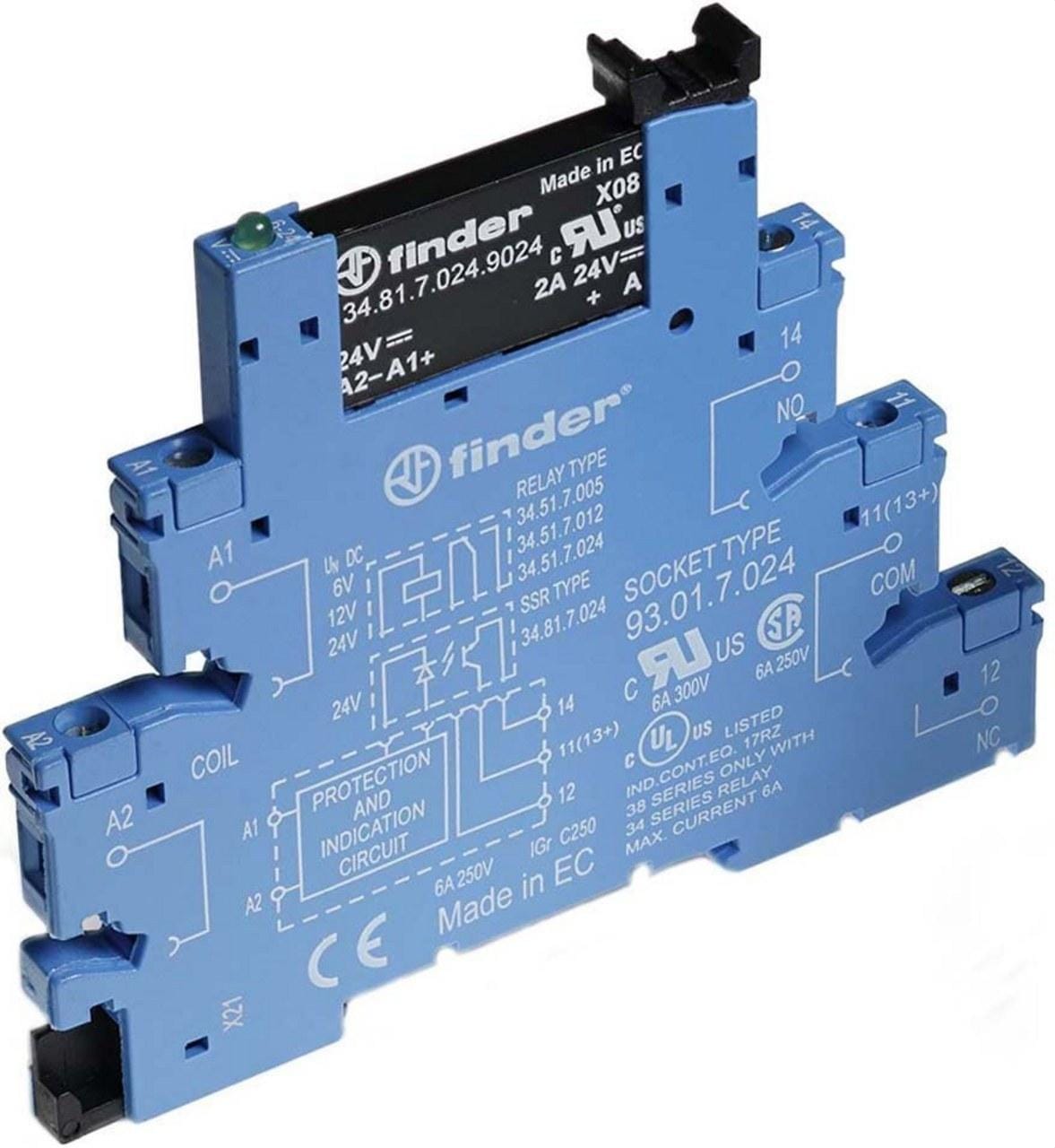 FINDER - Interfaz modular SERIE 38, relé de estado sólido, ancho de 6,2mm, 24V DC, salida 0,1A 48V DC, bornes de jaula