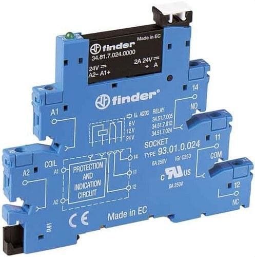 FINDER - Interfaz modular SERIE 38, relé de estado sólido, ancho de 6,2mm, 24V DC, sensible, salida 6A 24V DC, bornes de jaula