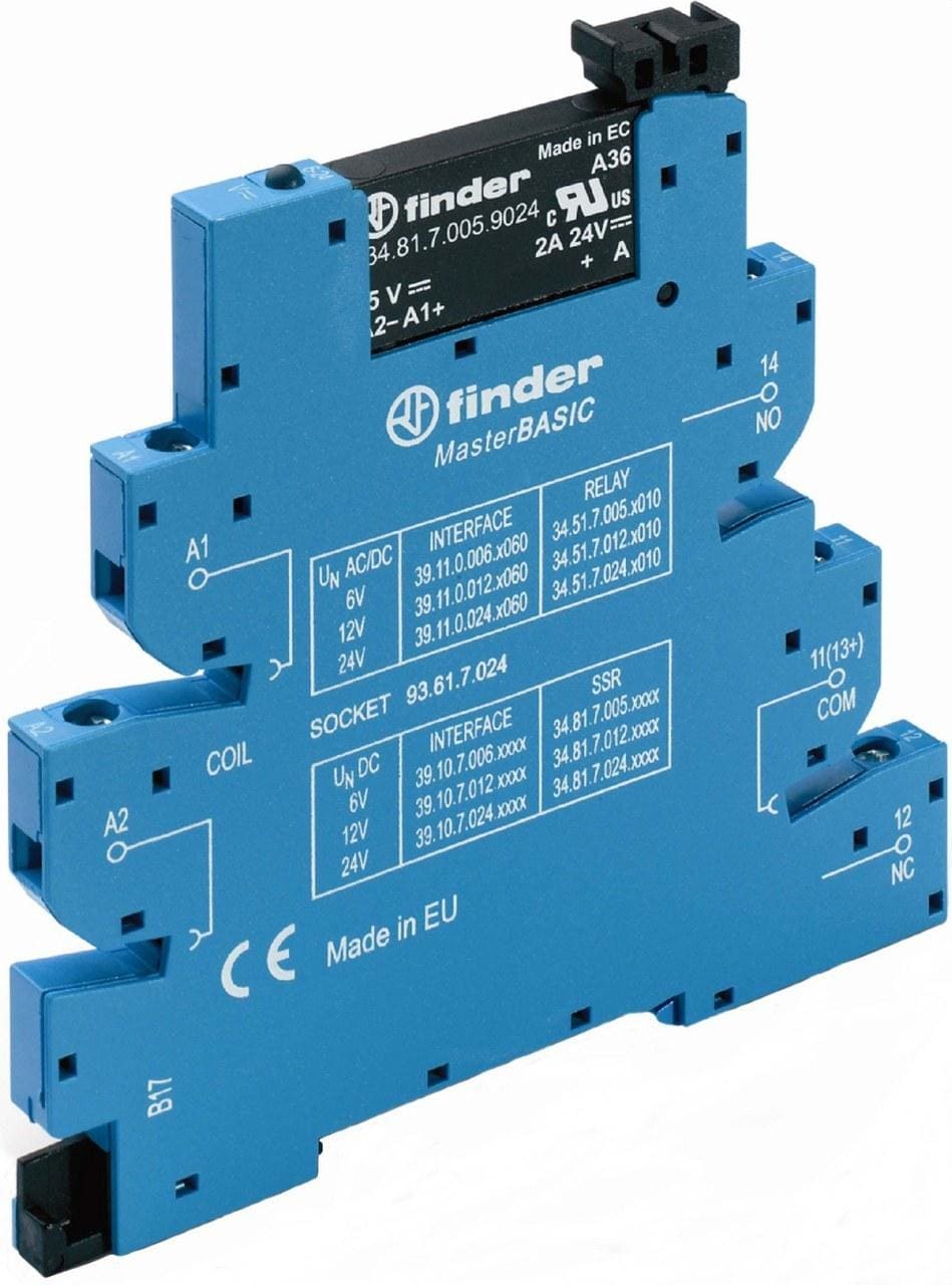 FINDER - Interfaz modular relé MasterBASIC SERIE 39, 1NA, 12V DC sensible, salida 6A 24V DC, borne de jaula