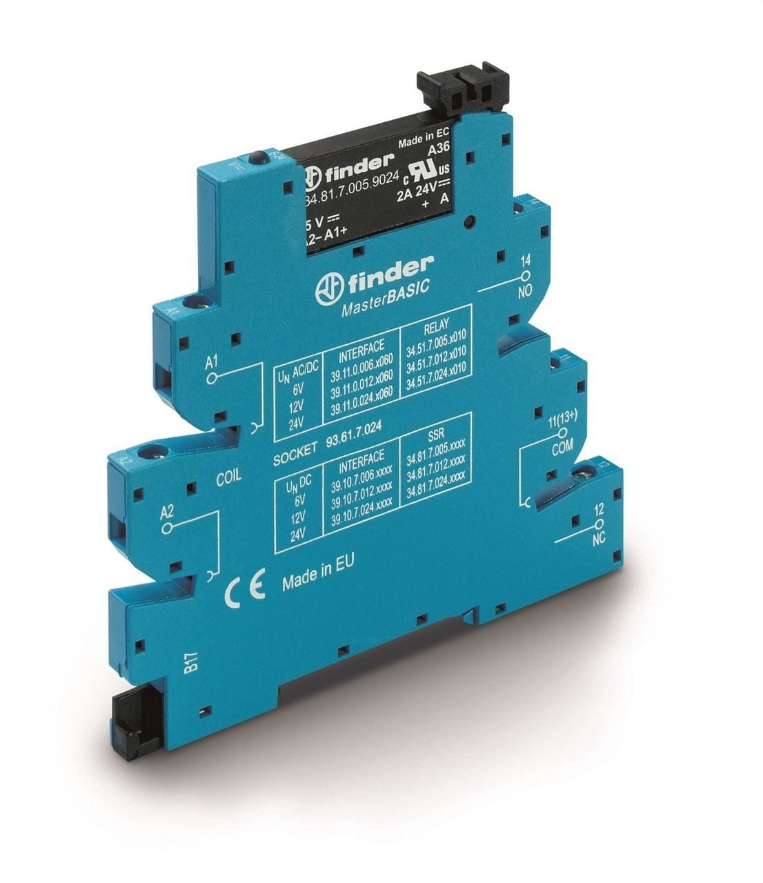 FINDER - Interfaz modular relé MasterBASIC SERIE 39, 1NA, 24V DC sensible, salida 6A 24V DC, borne de jaula