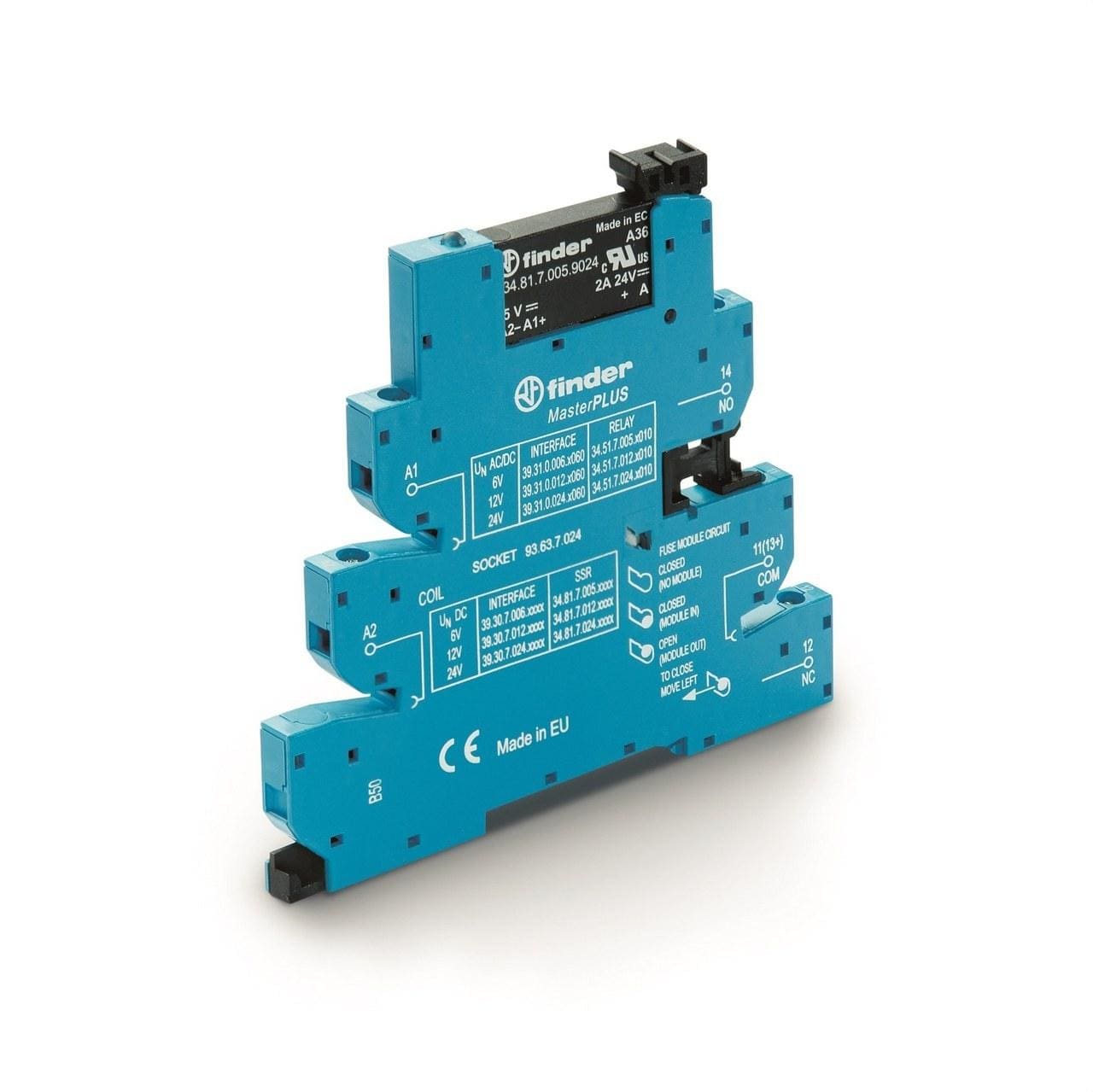 FINDER - Interfaz modula relé MasterPLUS SERIE 39, 1NA, 12V DC sensible, fusible de salida opcional, 6A 24V DC, borne de jaula