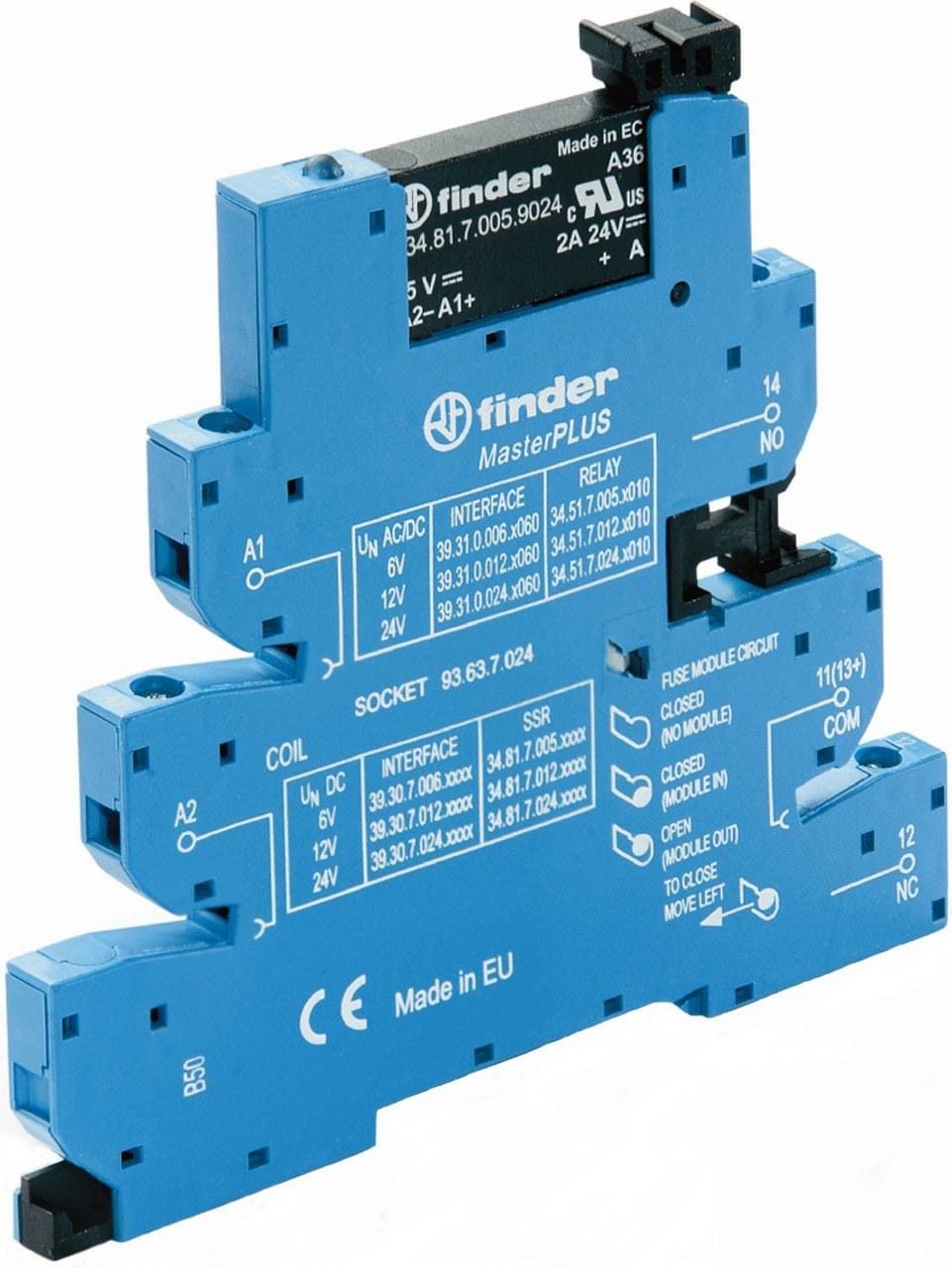 FINDER - Interfaz modula relé MasterPLUS SERIE 39, 1NA, 24V DC sensible, fusible de salida opcional, 6A 24V DC, borne de jaula