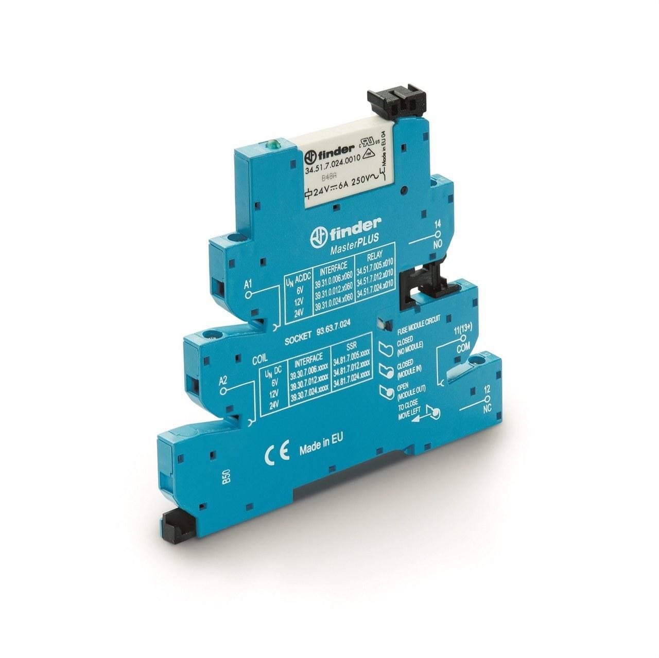 FINDER - Interfaz modular relé MasterPLUS SERIE 39, 1 contacto conmutado, 24V AC/DC, fusible de salida opcional, borne de jaula