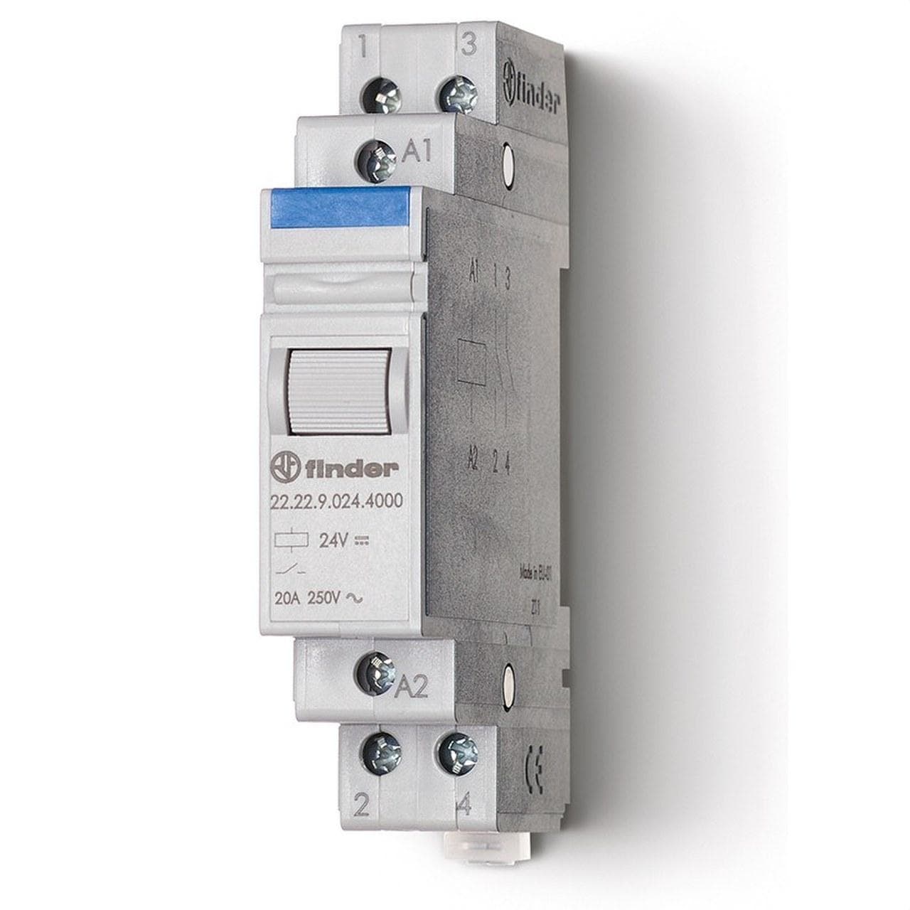 FINDER - Relé auxiliar modular SERIE 22, montaje carril 35mm, 2NA, 20A, AgSnO2, 24V DC