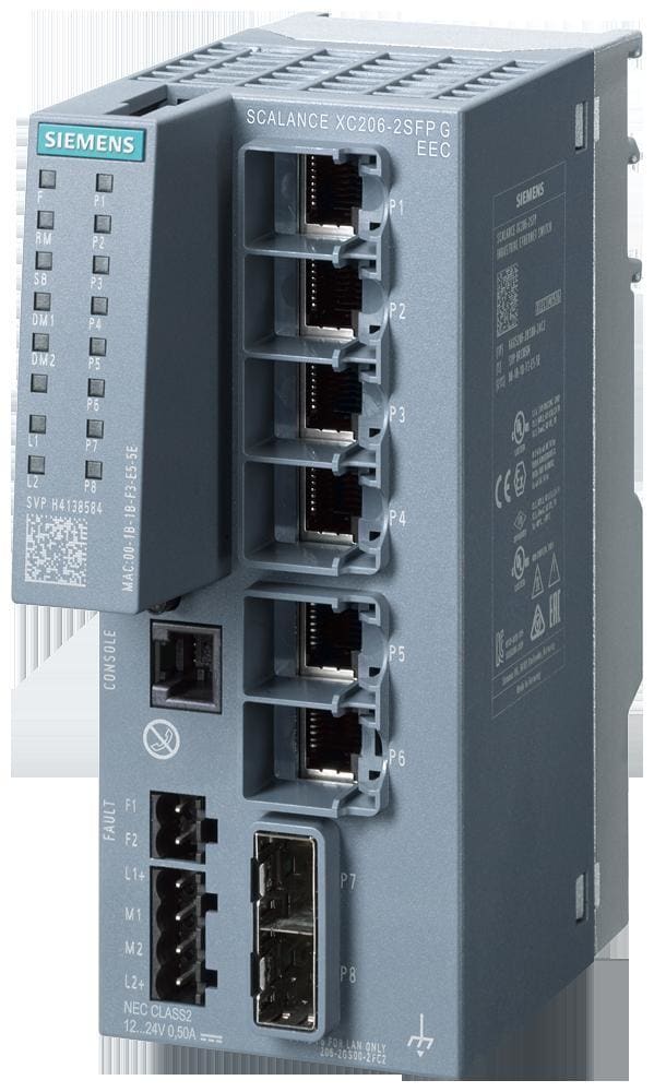 SIEMENS - Conmutador IE gestionable SCALANCE XC206-2SFP G EEC 6 puertos RJ45 10/100/1000 Mbits/s, 2 bahías SFP 1000 Mbits/s, 1 puerto de consola, led