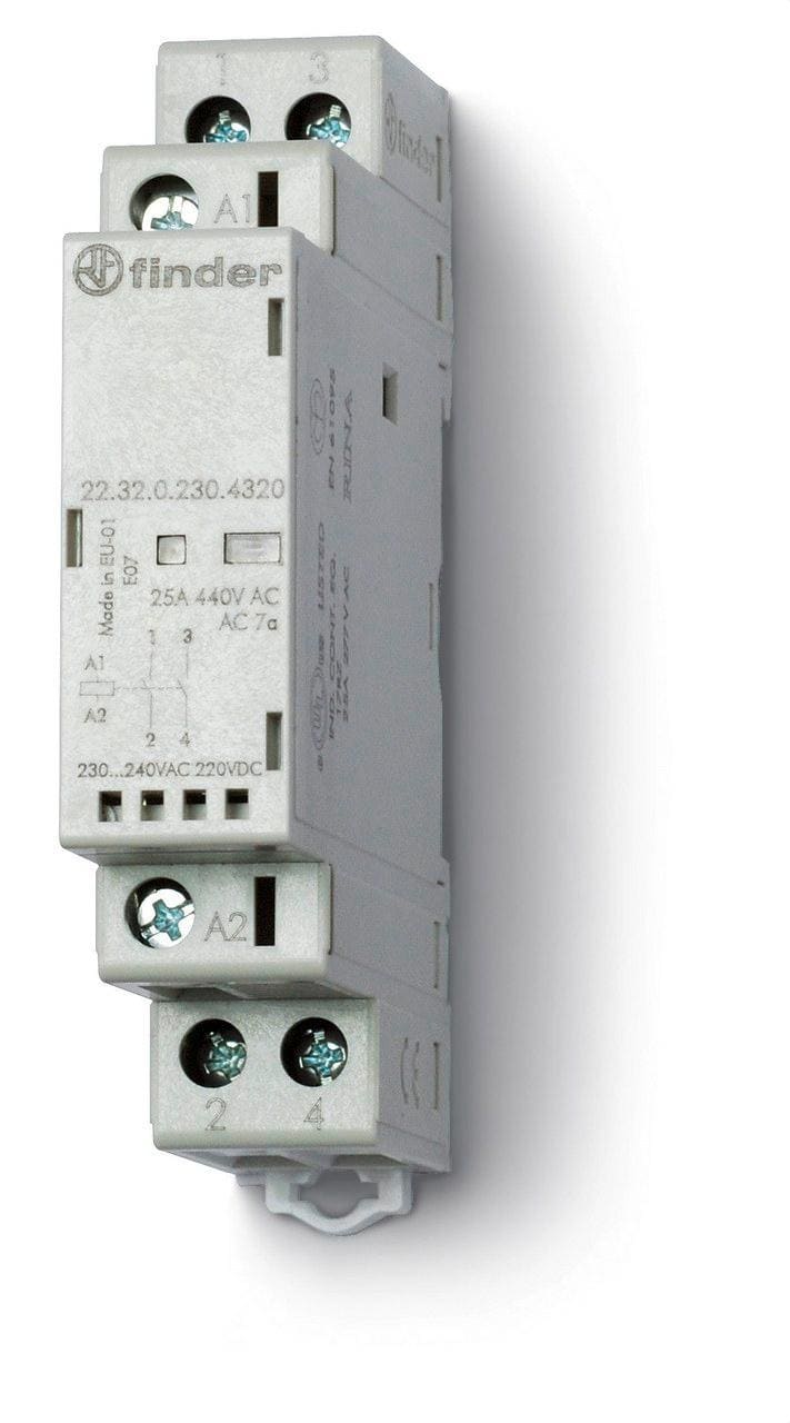 FINDER - Contactor modular SERIE 22, 2NC, 25A AgSnO2, 12V AC/DC, indicador mecánico + LED