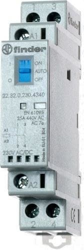 FINDER - Contactor modular SERIE 22, 2NA 25A AgSnO2, 24V AC/DC, selector Auto-On-Off + indicador mecánico + LED