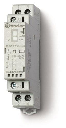FINDER - Contactor modular SERIE 22, 2NA 25A AgSnO2, 24V AC/DC, selector Auto-On-Off + indicador mecánico + LED (emb.1)