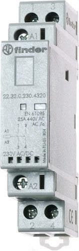 FINDER - Contactor modular SERIE 22, 1NA+1NC 25A AgSnO2, 24V AC/DC, indicador mecánico + LED