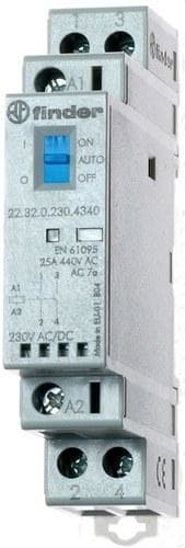 FINDER - Contactor modular SERIE 22, 2NC 25A AgSnO2, 230V AC/DC, selector Auto-On-Off + indicador mecánico + LED
