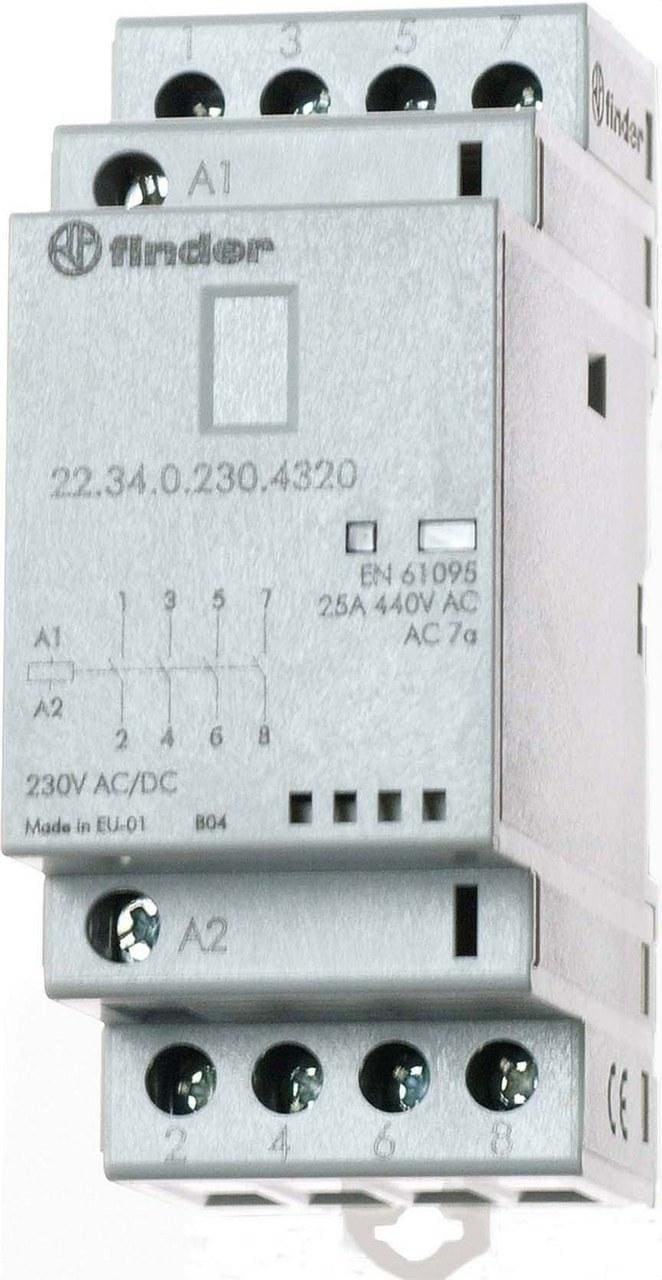 FINDER - Contactor modular SERIE 22, 4NA 25A AgSnO2, 24V AC/DC, indicador mecánico + LED