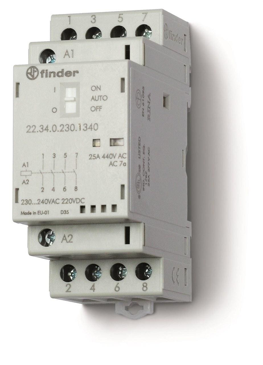 FINDER - Contactor modular SERIE 22, 4NA 25A AgSnO2, 230V AC/DC, selector Auto-On-Off + indicador mecánico + LED