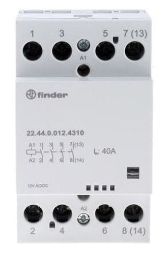 FINDER - Contactor modular SERIE 22, 4NA 40A AgSnO2, 12V AC/DC, indicador mecánico