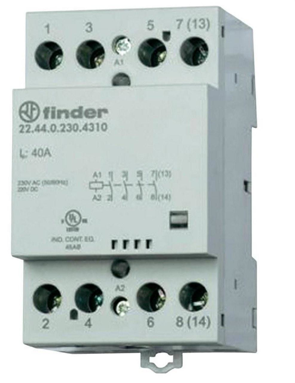 FINDER - Contactor modular SERIE 22, 4NA 40A AgSnO2, 230V AC/DC, indicador mecánico