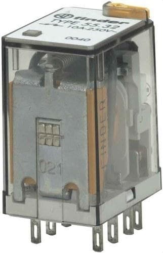 FINDER - Relé industrial enchufable en zócalo SERIE 55, 2 contactos conmutados, 10A, AgNi, 230V AC, pulsador de prueba + LED + indicador mecánico