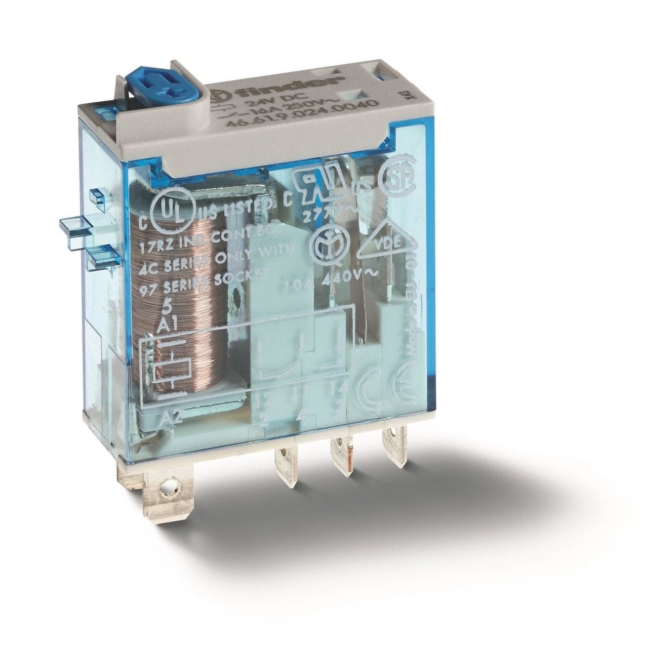 FINDER - Mini-relé industrial conexión Faston 187, SERIE 46, 1 contacto conmutado, 16A, AgNi, 24V AC, pulsador de prueba + indicador mecánico