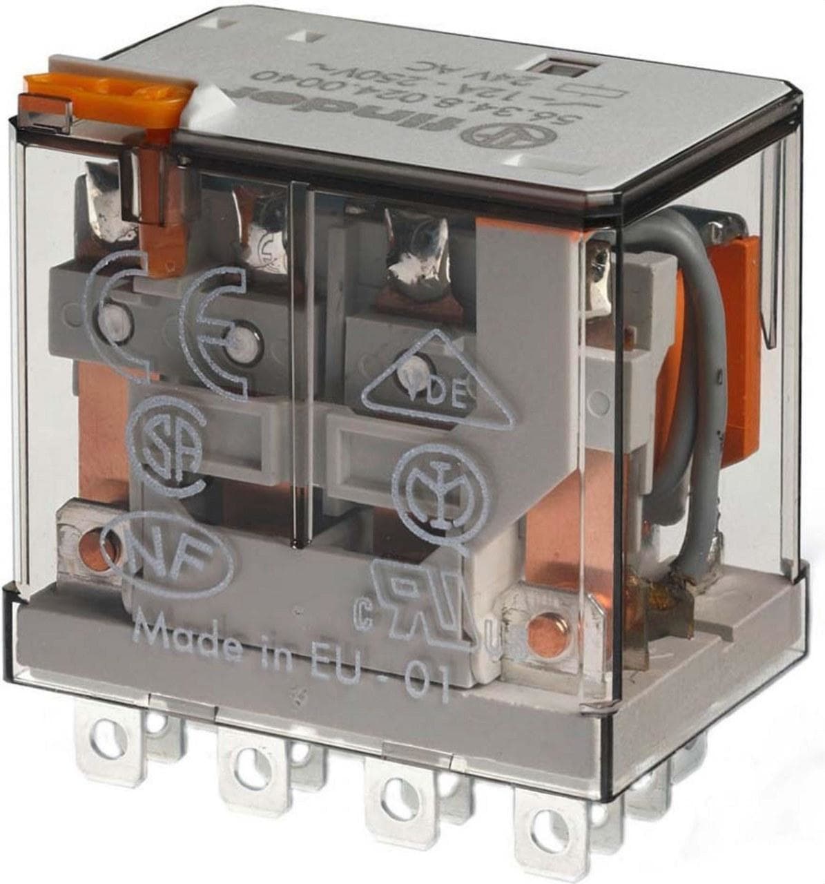 FINDER - Relé de potencia enchufable en zócalo SERIE 56, 4 contactos conmutados, 12A, AgNi, 24V DC, pulsador de prueba + indicador mecánico
