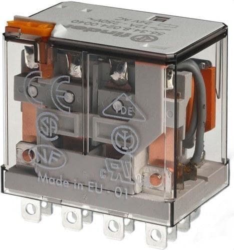 FINDER - Relé de potencia enchufable en zócalo SERIE 56, 4 contactos conmutados, 12A, AgNi, 24V DC, pulsador de prueba + indicador mecánico (emb.1u)