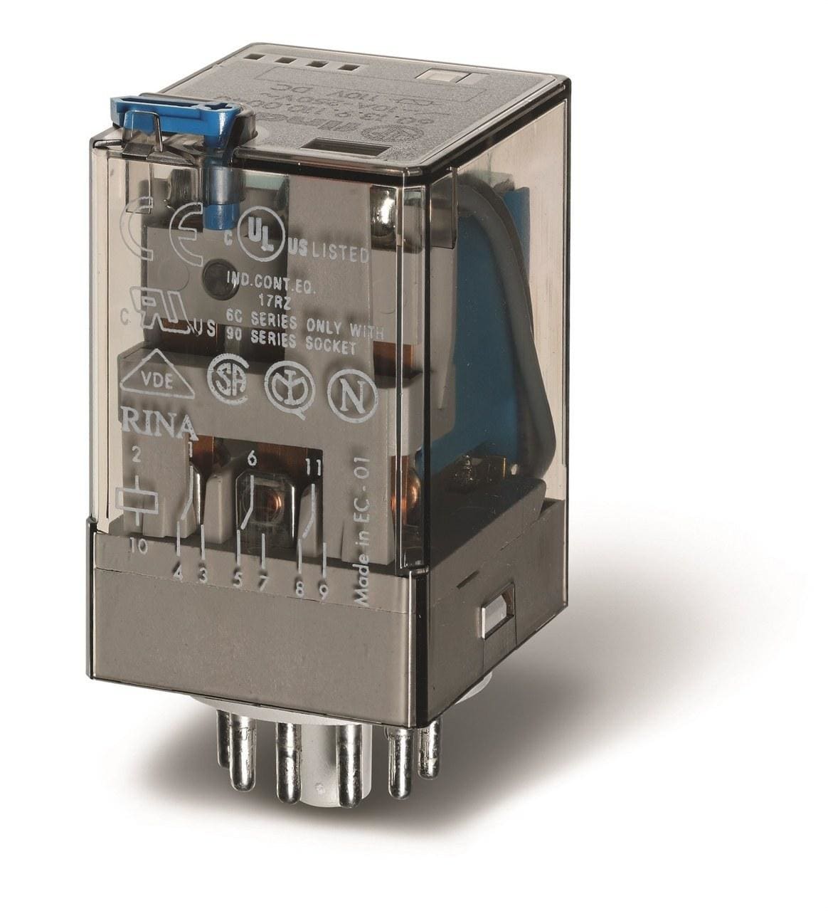FINDER - Relé industrial enchufable en zócalo undecal SERIE 60, 3 contactos conmutados, 10A, AgNi, 24V DC, pulsador de prueba + indicador mecánico