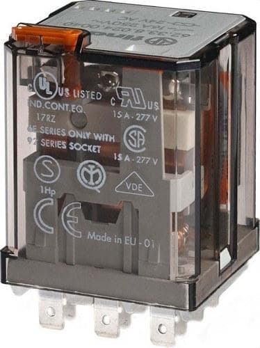 FINDER - Relé de potencia enchufable en zócalo SERIE 62, 3 contactos conmutados, 16A, AgCdO, 24V AC, pulsador de prueba + indicador mecánico (emb.1u)