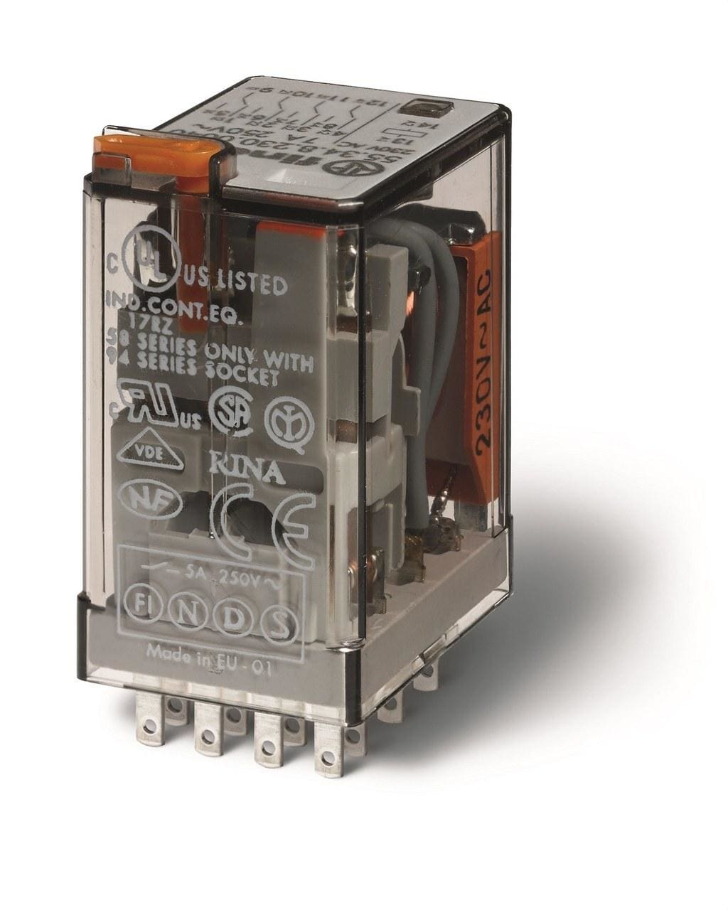 FINDER - Relé industrial enchufable en zócalo SERIE 55, 4 contactos conmutados, 7A, AgNi, 230V AC, pulsador de prueba + LED + indicador mecánico