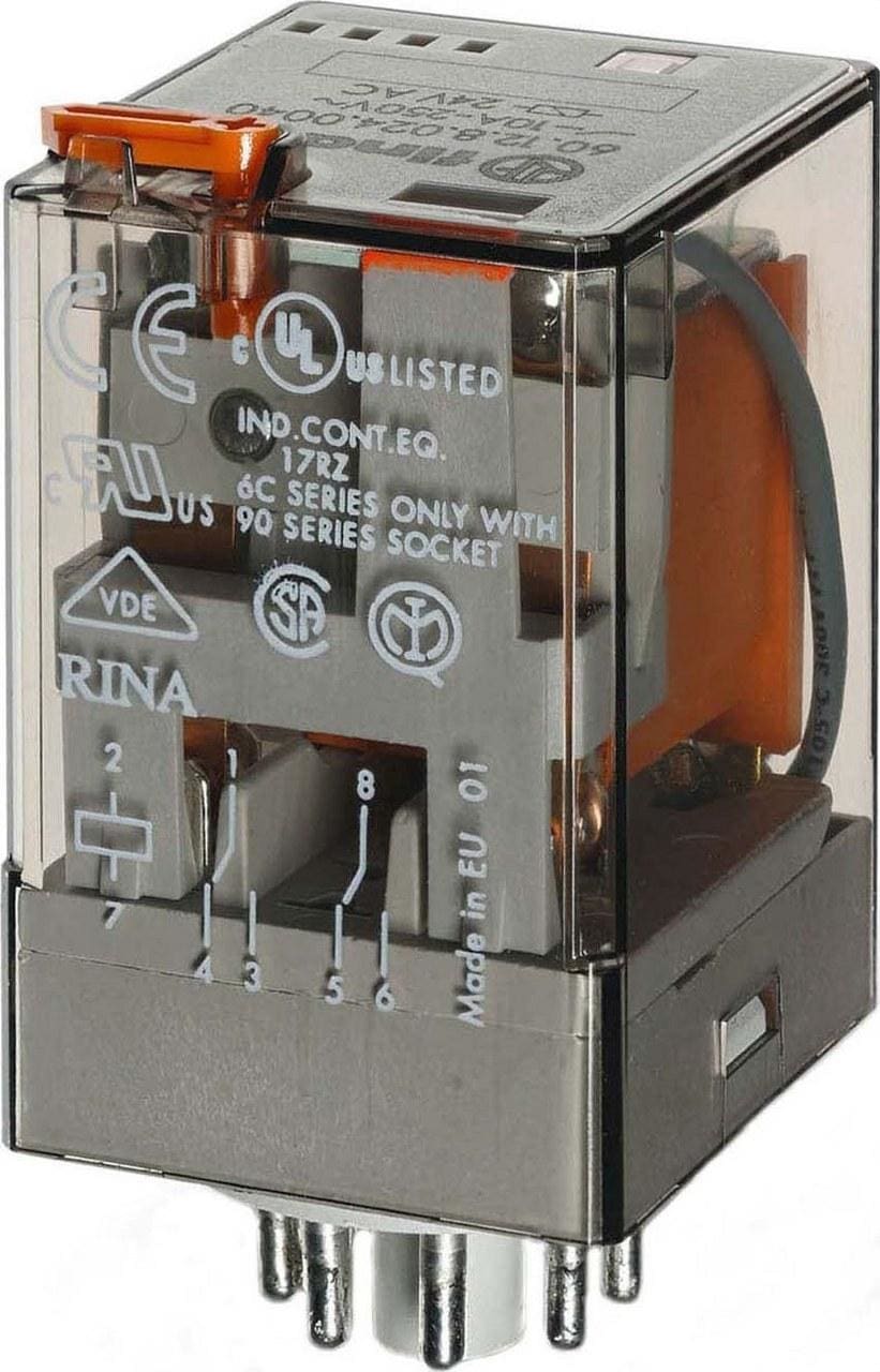 FINDER - Relé industrial enchufable en zócalo octal SERIE 60, 2 contactos conmutados, 10A, AgNi, 120V AC, pulsador de prueba + indicador mecánico