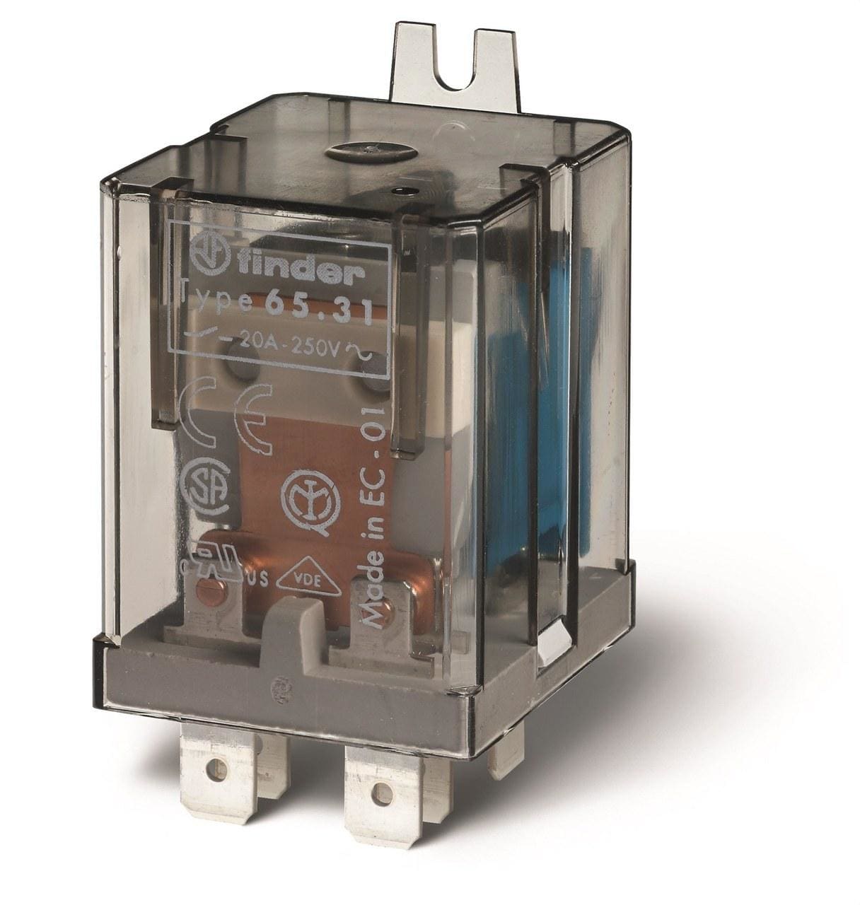 FINDER - Relé de potencia con aleta de fijación en la parte posterior SERIE 65, 1NA+1NC, 20A, AgCdO, 24V DC