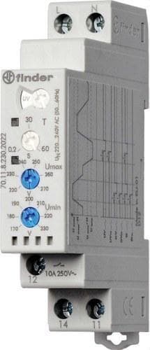 FINDER - Relé de vigilancia de tensión de red monofásica SERIE 70, 1 contacto conmutado, 10A, 220...240V AC, memoria de fallo selectiva (emb.1u)