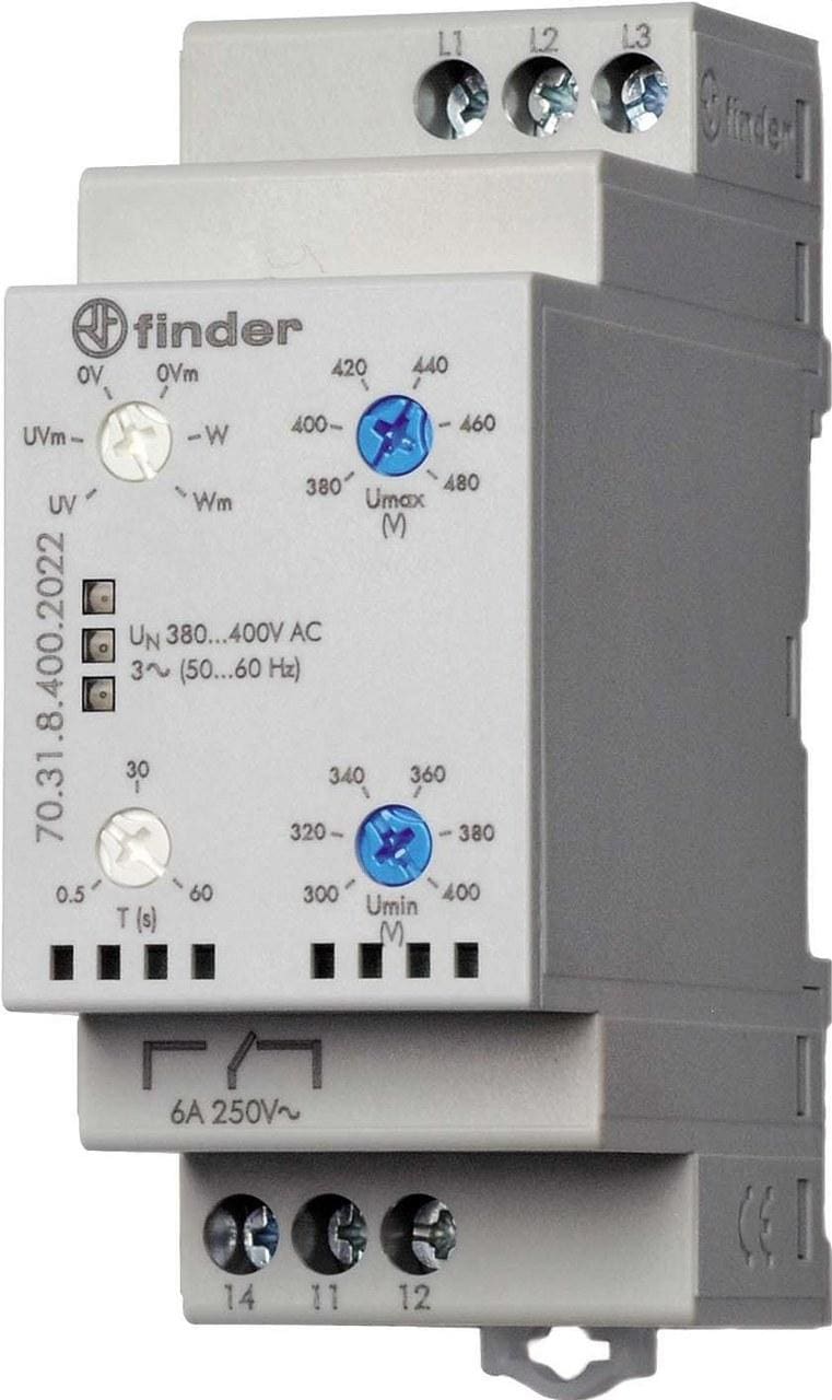 FINDER - Relé de vigilancia de tensión de red trifásica SERIE 70, 1 contacto conmutado, 6A, 380...415V AC, memoria de fallo selectiva