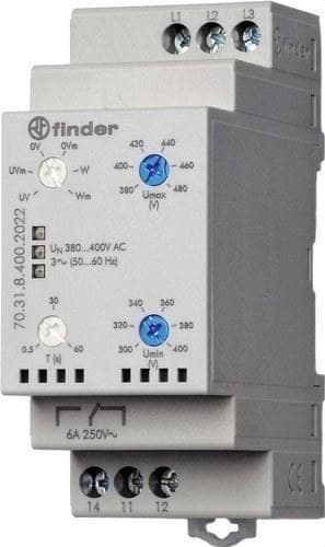 FINDER - Relé de vigilancia de tensión de red trifásica SERIE 70, 1 contacto conmutado, 6A, 380...415V AC, memoria de fallo selectiva (emb.1u)