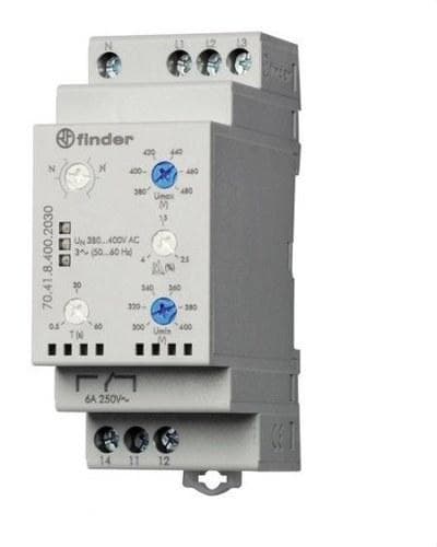 FINDER - Relé de vigilancia de tensión de red trifásica SERIE 70, 1 contacto conmutado, 6A, 380...415V AC, con o sin fallo de neutro