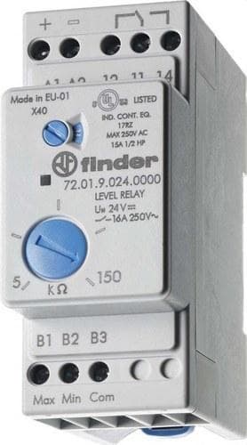 FINDER - Relé de control de nivel SERIE 72, sensibilidad ajustable (5...150)Kiloohmios, 1 contacto conmutado, AgCdO, 24V AC