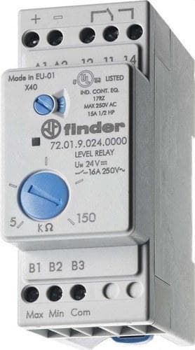 FINDER - Relé de control de nivel SERIE 72, sensibilidad ajustable (5...150)Kiloohmios, 1 contacto conmutado, AgCdO, 24V AC (emb.1u)