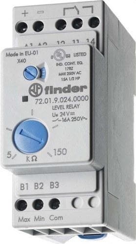 FINDER - Relé de control de nivel SERIE 72, sensibilidad ajustable (5/150)Kiloohmios, 1 contacto conmutado, AgCdO, 24V DC (emb.1u)
