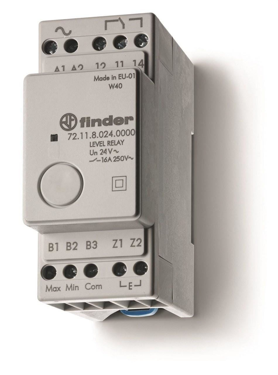 FINDER - Relé de control de nivel SERIE 72, sensibilidad fija de 150Kiloohmios, 1 contacto conmutado, AgCdO, 230/240V DC